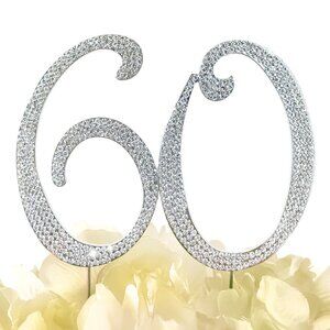 Rhinestone Cake Topper - Number 60 - Silver Metal with Czech Rhinestones